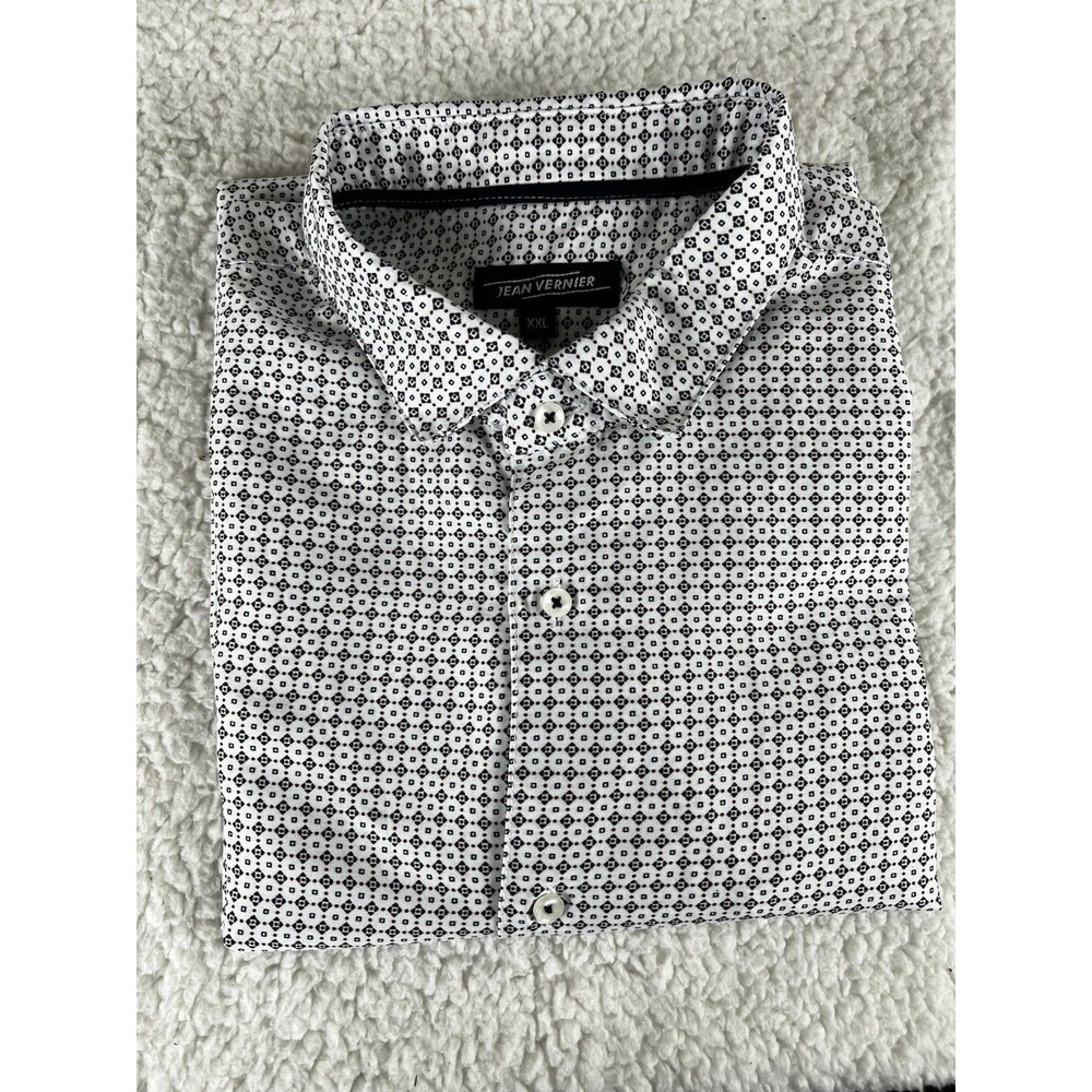 Jean Vernier  Men's White-Blue Geometric Print Stretch Modern Fit Shirt XXL